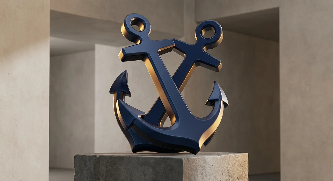 A heavy 3D navy blue anchor on a stone base, symbolizing financial stability.