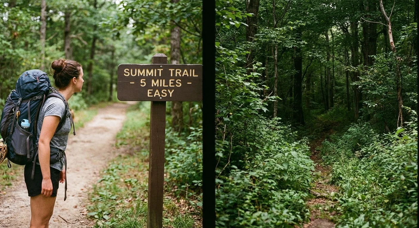 A hiker at a fork in a trail with one path clearly marked.