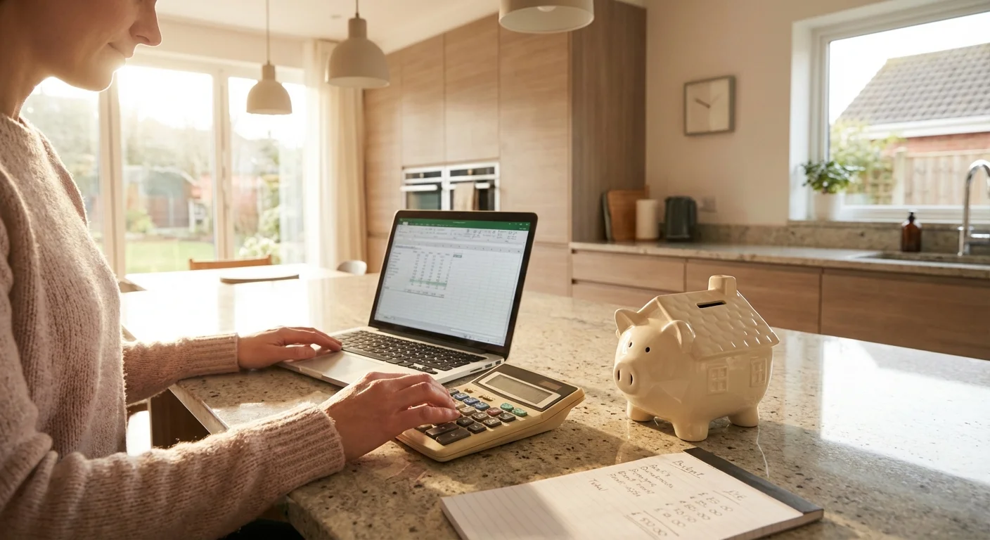 A homeowner calculating a budget in a modern kitchen with a house-shaped piggy bank.
