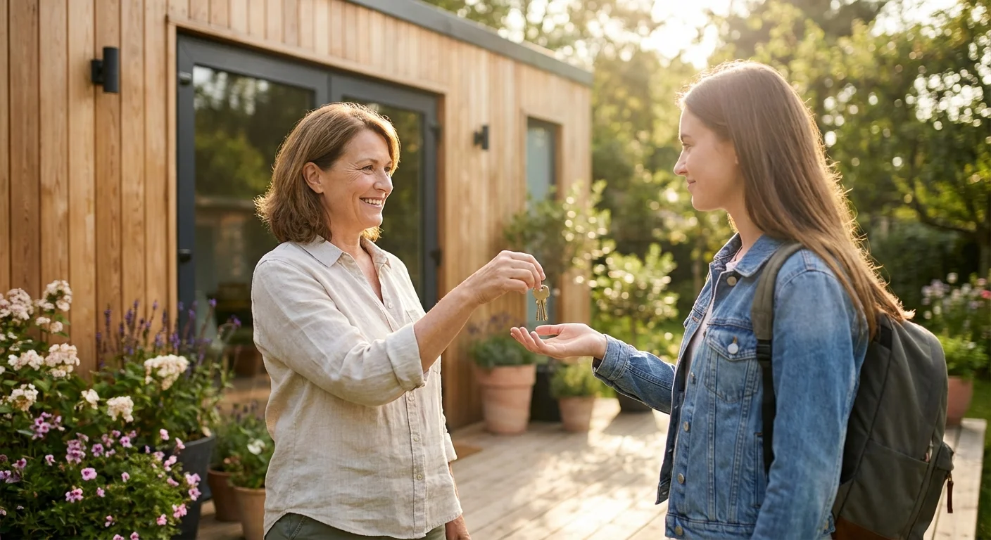 A homeowner handing keys to a new tenant at an ADU entrance.