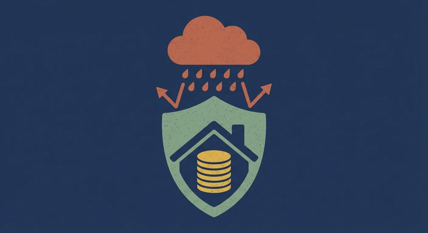 A house icon integrated into a protective shield over a stack of coins.