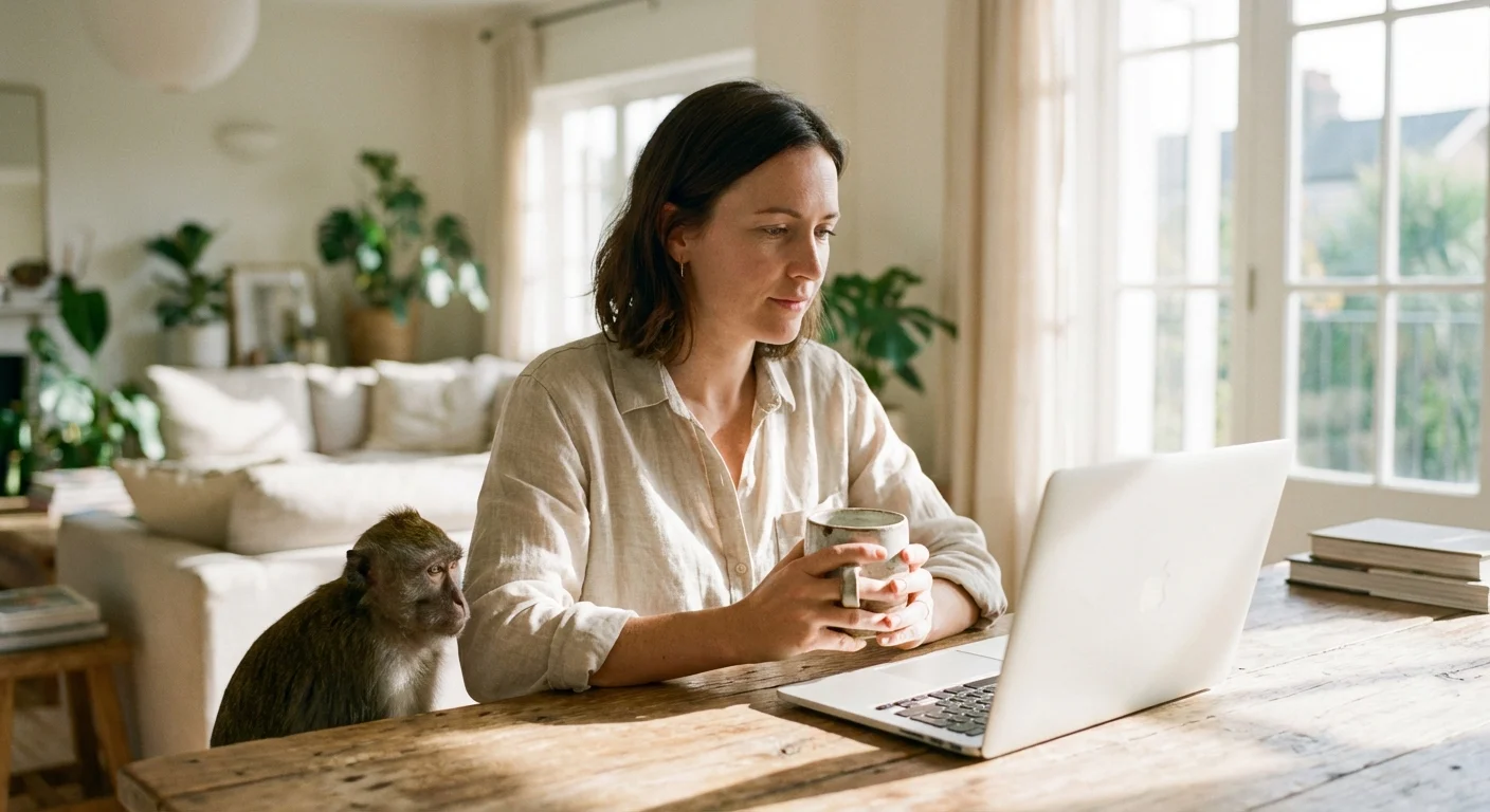 A laptop showing a banking app in a bright, peaceful home office.