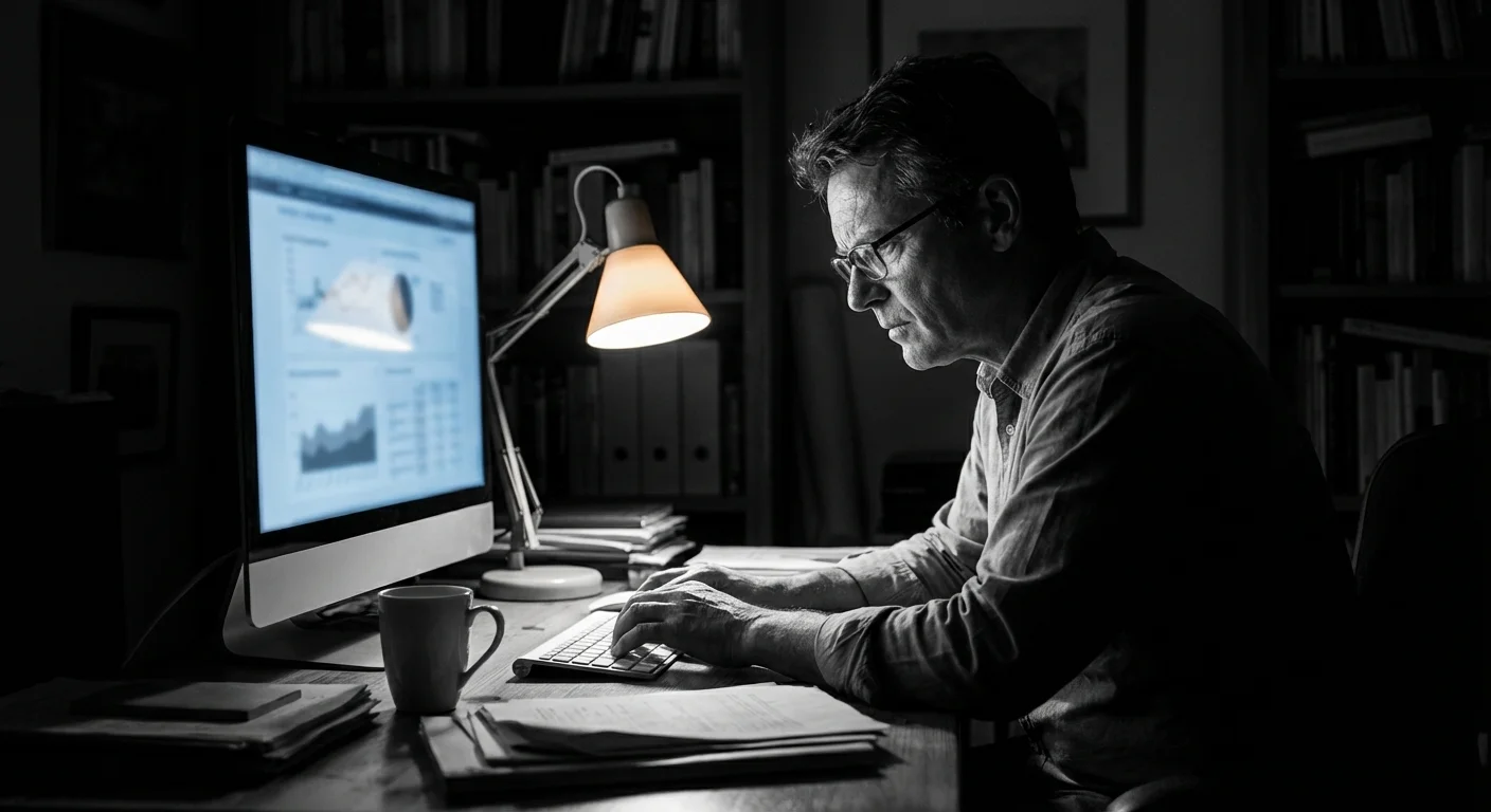 A man focused on his computer screen in a dimly lit home office.