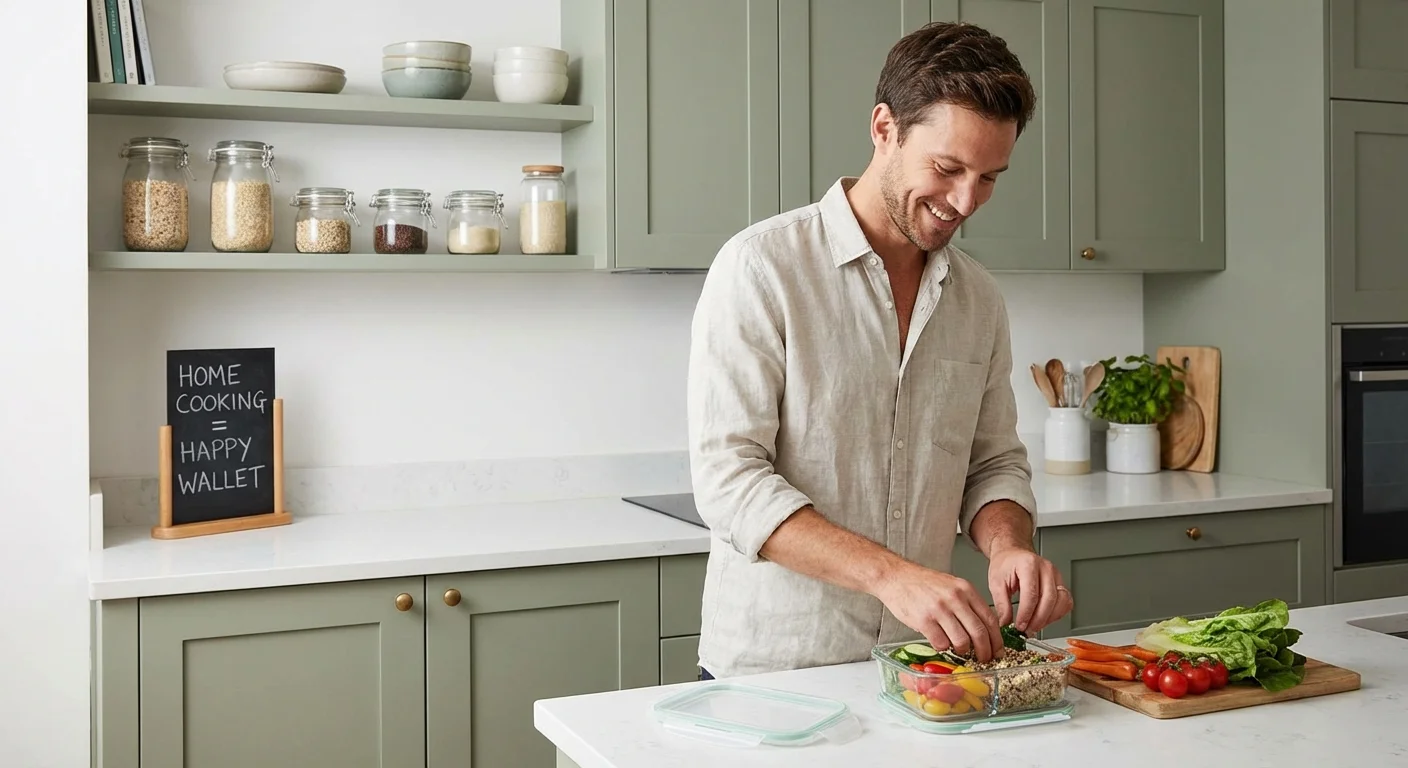 A man happily preparing a home-cooked meal in a bright kitchen, symbolizing smart lifestyle swaps.