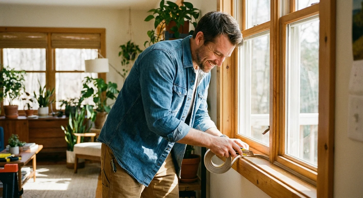A man installing weather-stripping on a window to improve home energy efficiency.