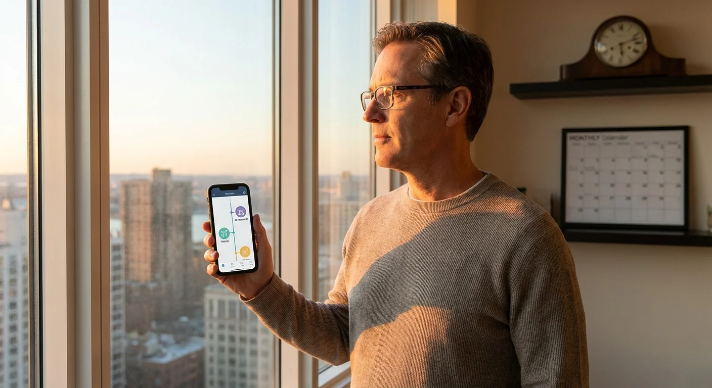 A man looking at his phone near a window, reflecting on future retirement milestones.