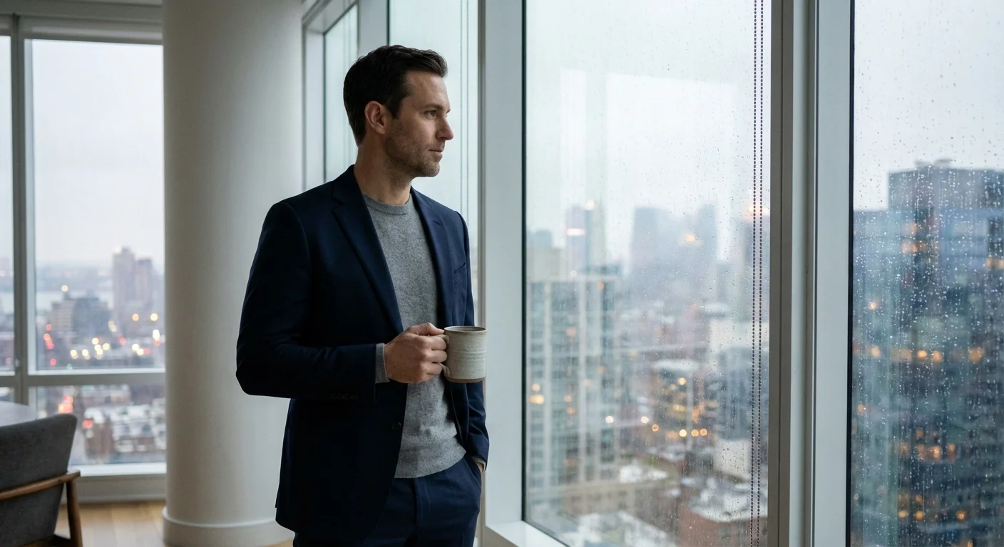 A man looking out a window thoughtfully, representing a period of waiting.