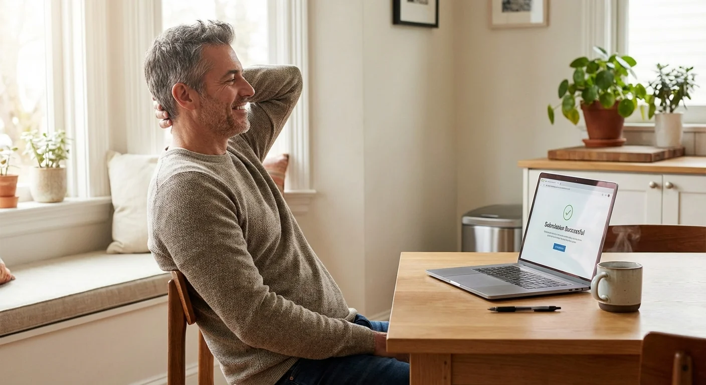 A man looking relieved while working on his laptop at a sunlit kitchen table.