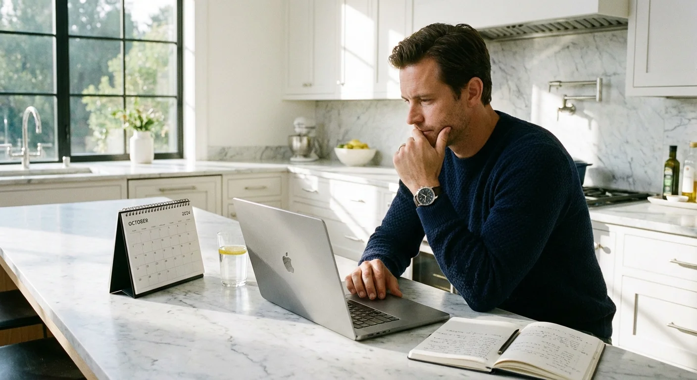 A man reviewing financial details on a laptop in a bright, modern kitchen.