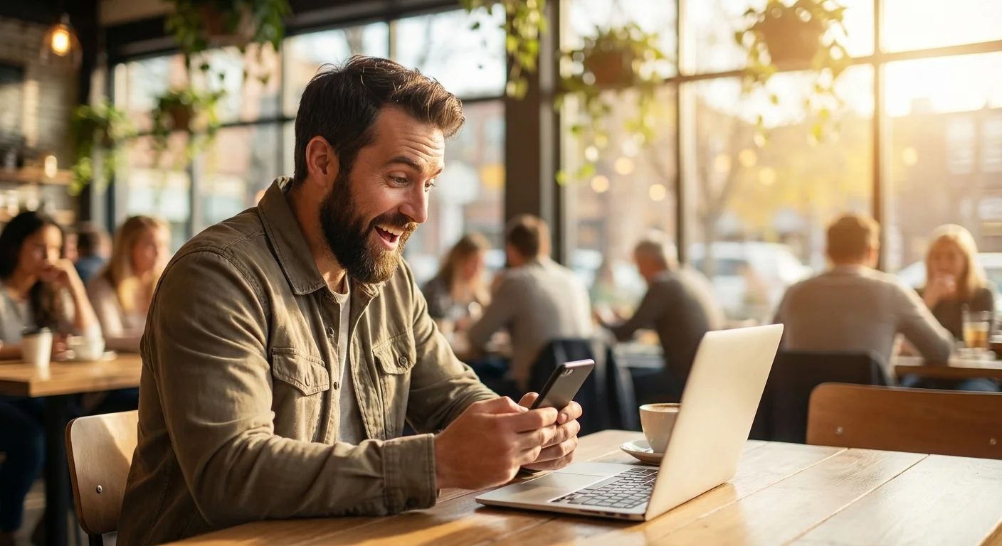A man smiling at his phone while sitting in a bright, modern cafe with a laptop.