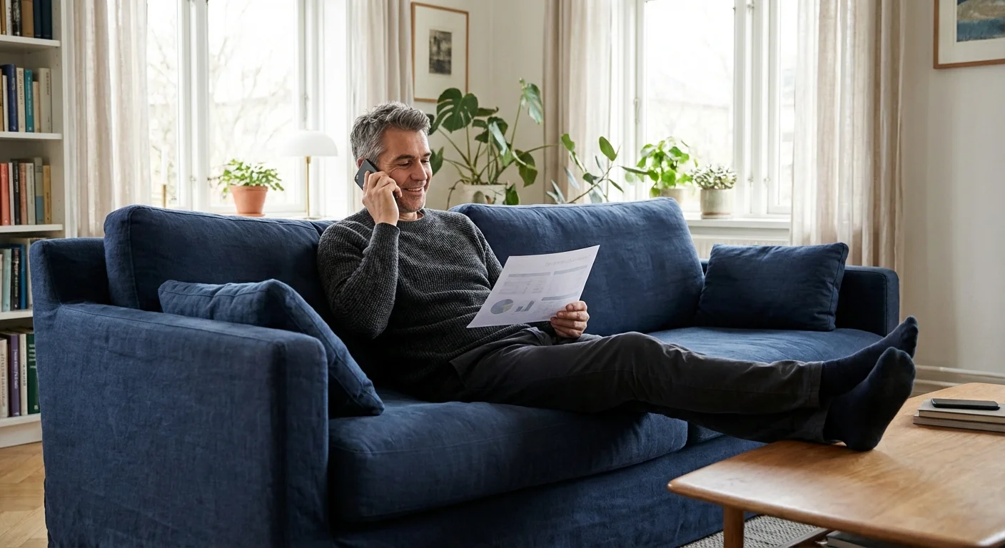 A man talking on the phone while looking at a bill in a bright living room.