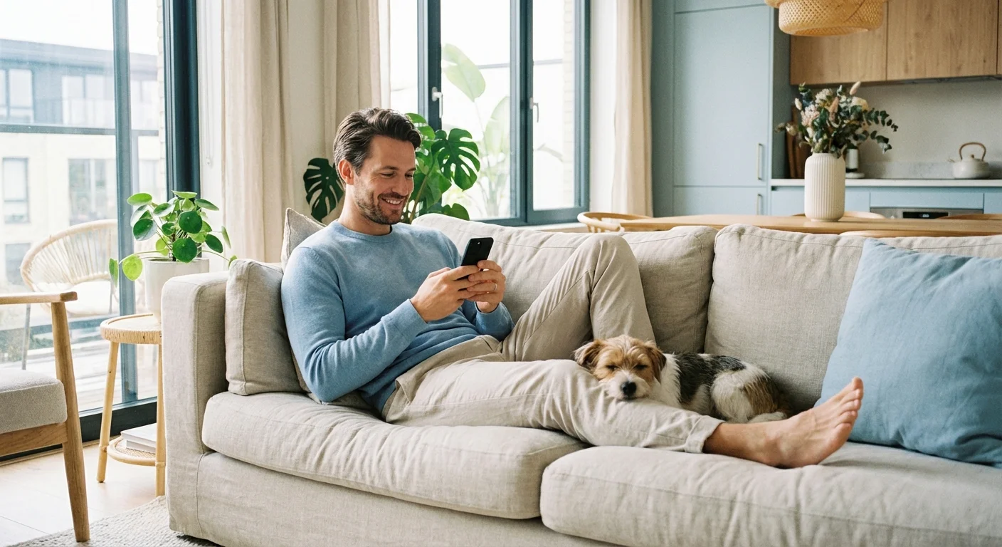 A man using a banking app on his phone while his dog rests beside him.