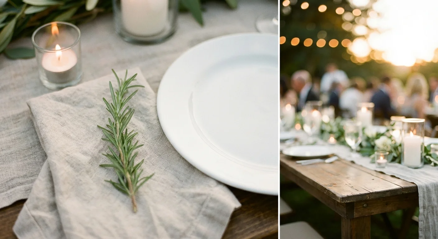 A minimalist and elegant wedding table setting with a rosemary sprig.