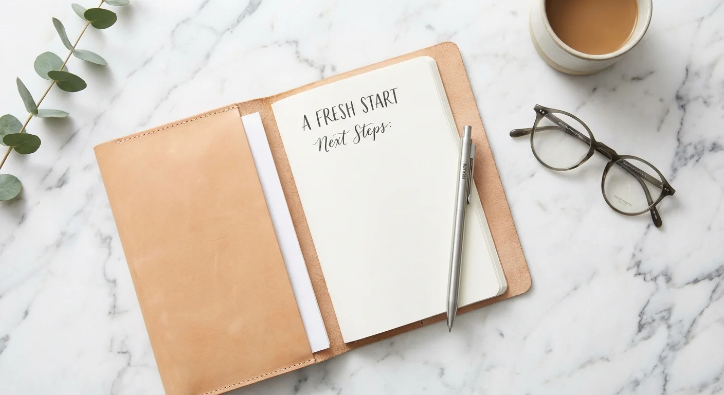 A minimalist flat-lay of a notebook, pen, and glasses on a white marble surface.