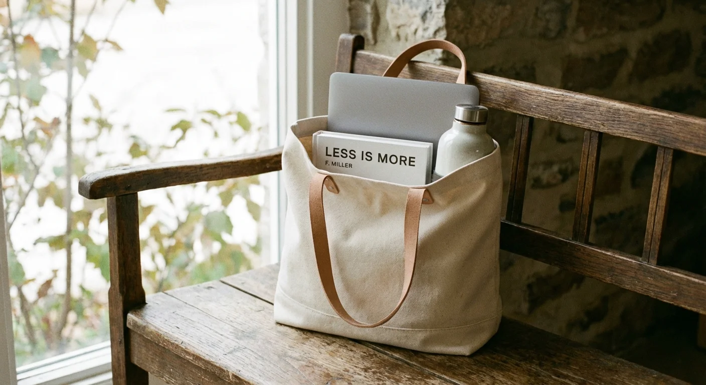 A minimalist tote bag containing various organized items on a bench.