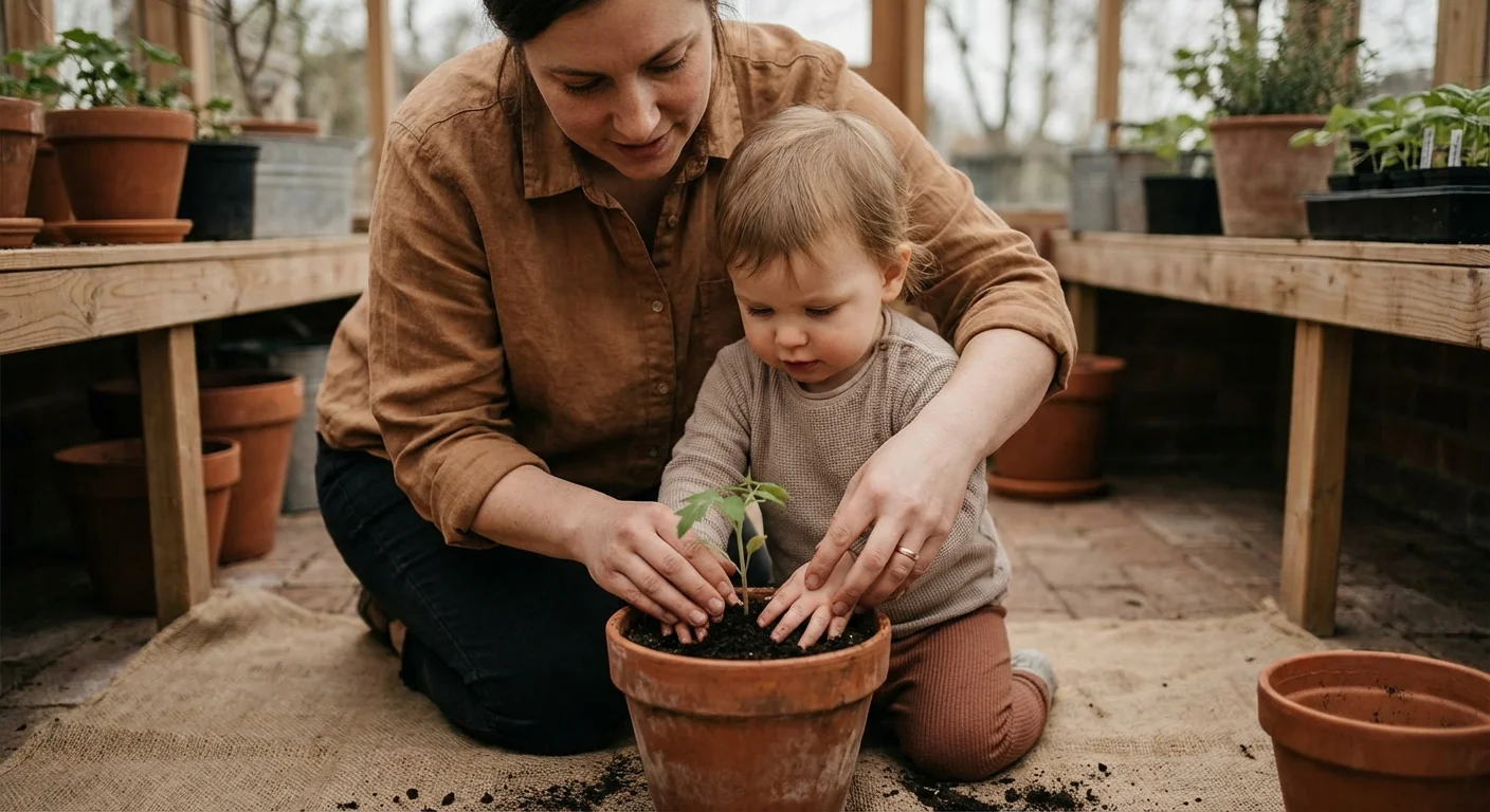 A mother and child planting a seedling, representing the growth of a custodial account.