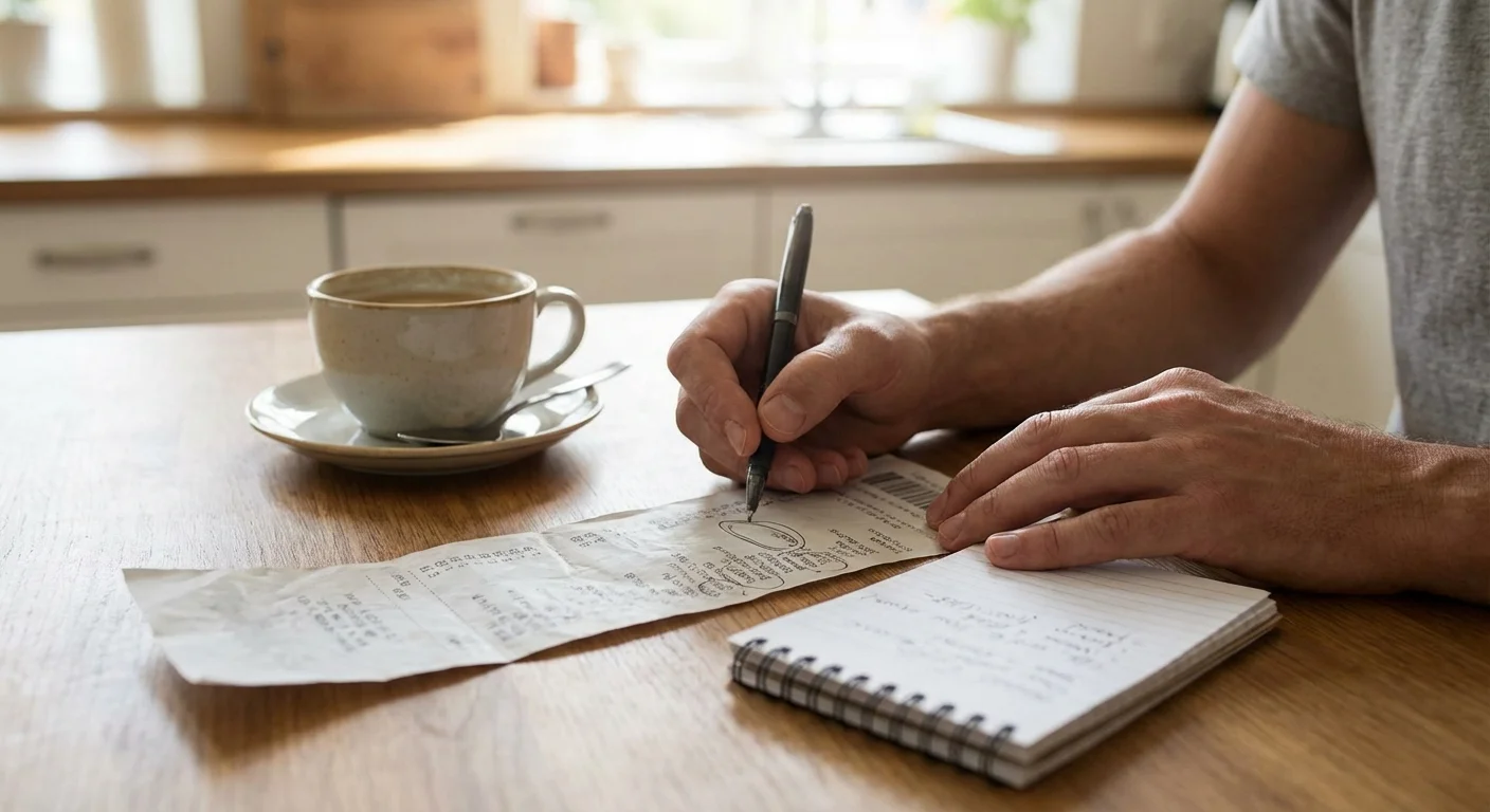 A pair of house keys on a wooden table in a sunlit, modern living room.