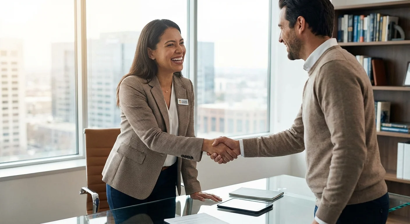 A parent meeting with a financial advisor in a bright, professional office.