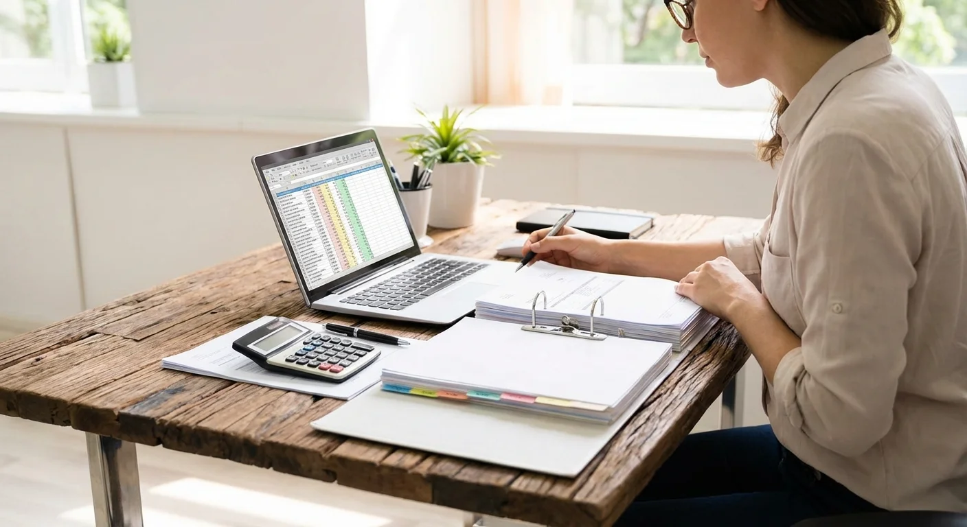 A person auditing a paper document with a calculator and laptop on a wooden desk.