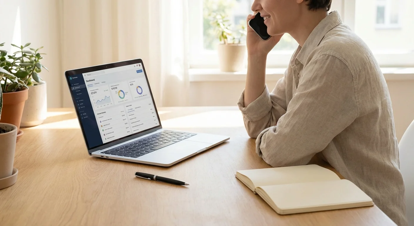 A person calmly managing a financial transfer on their laptop and phone.