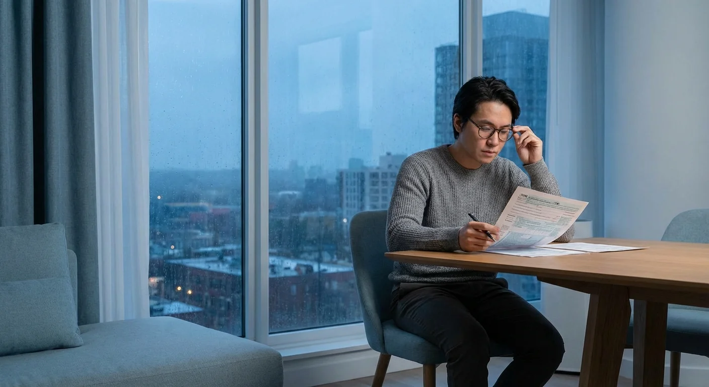 A person calmly reviewing tax documents by a window.