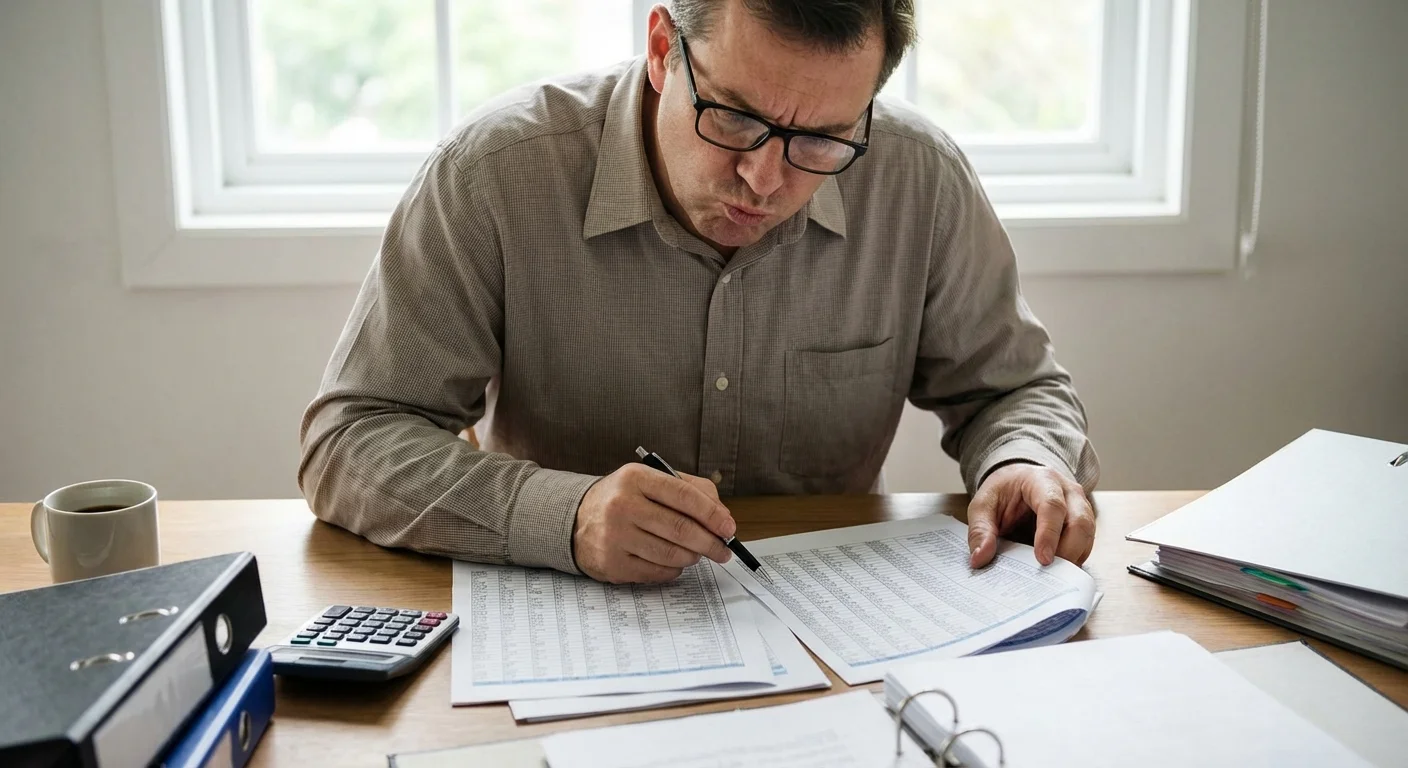 A person carefully comparing two financial documents at a desk.