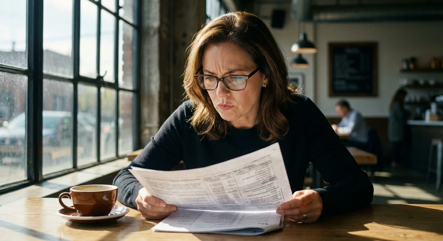 A person carefully reading a document in a bright, modern cafe.