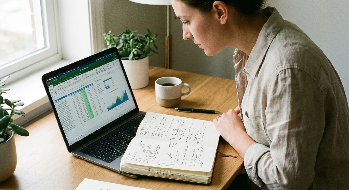 A person comparing financial data between a laptop and a notebook at a clean desk.