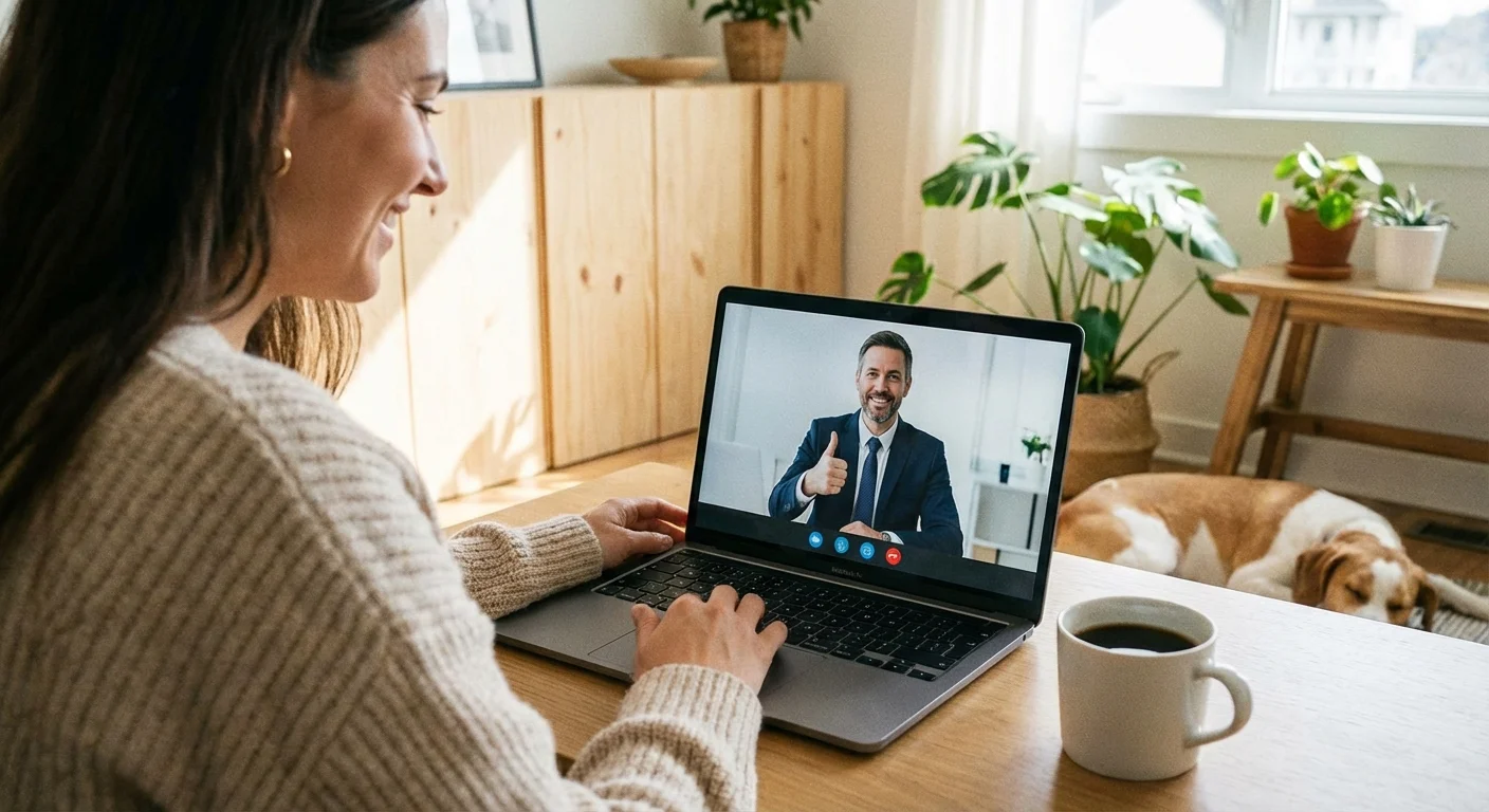 A person having a professional video consultation on their laptop from home.