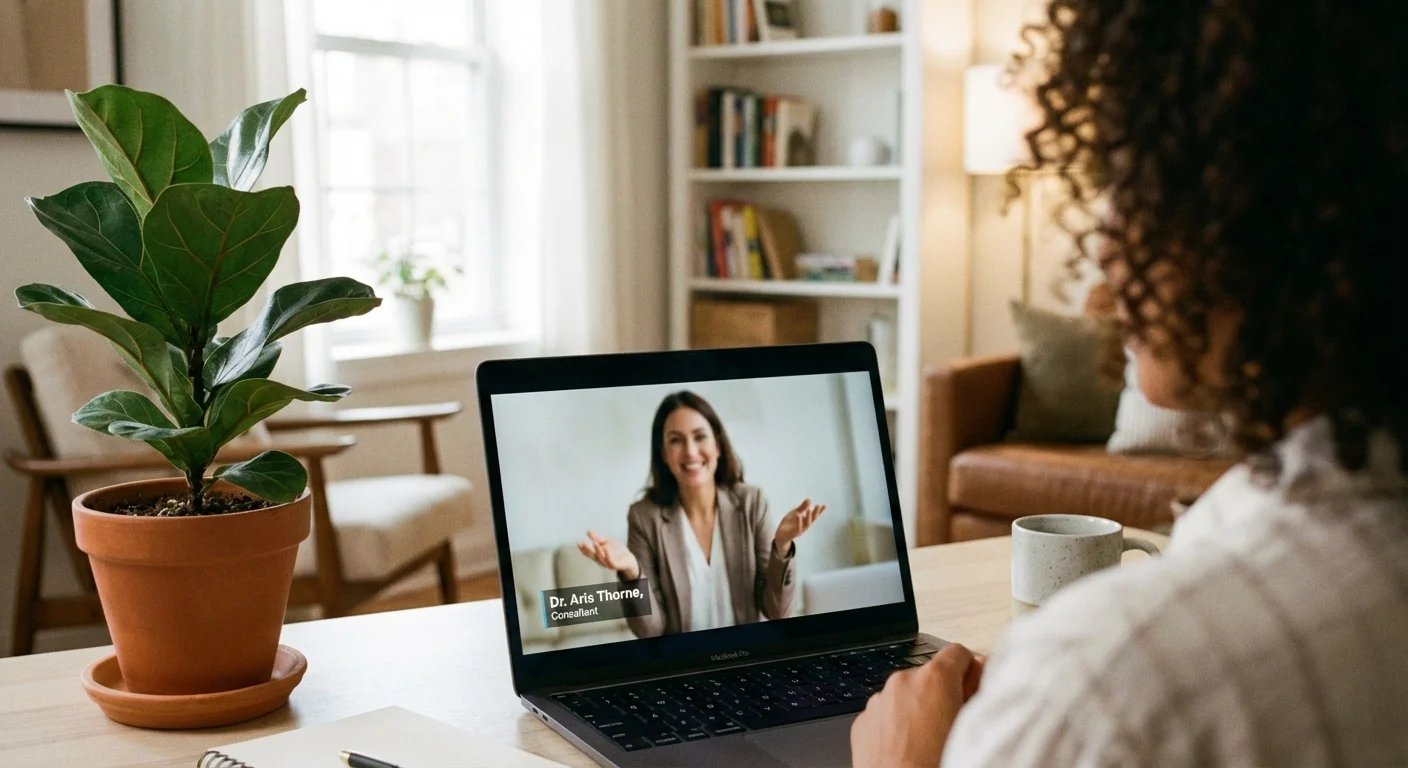 A person having a video call with a financial advisor on their laptop.