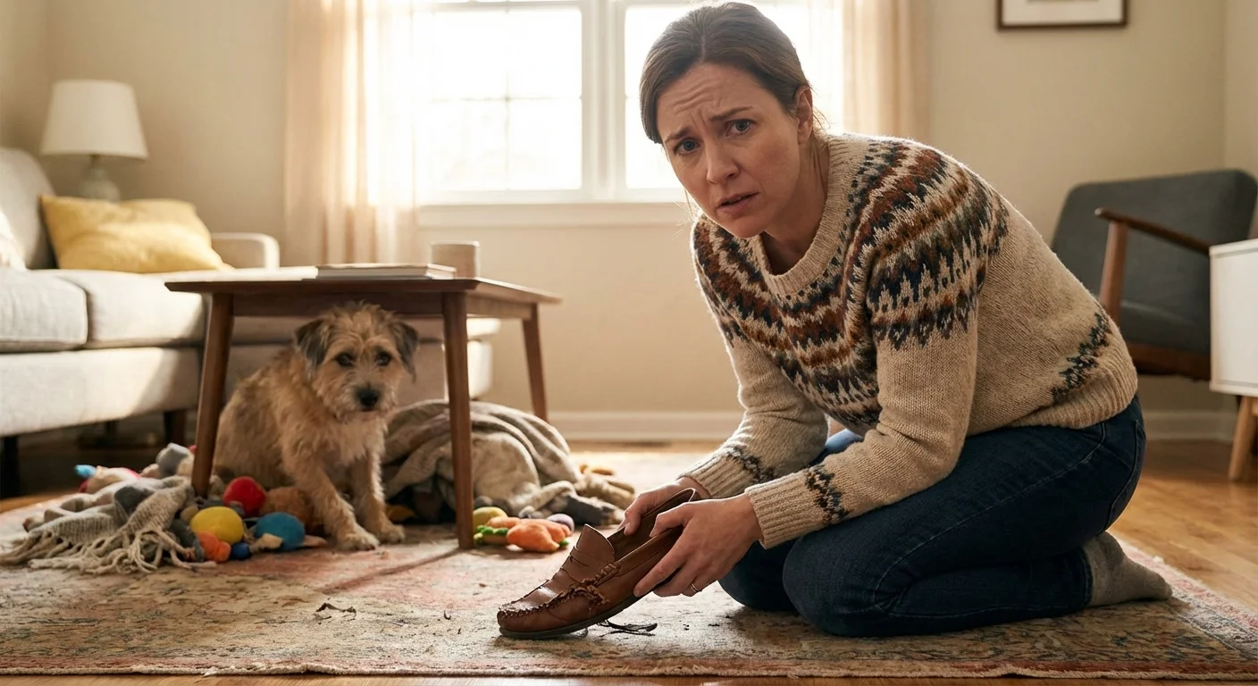 A person holding a chewed shoe while a dog looks on sheepishly.