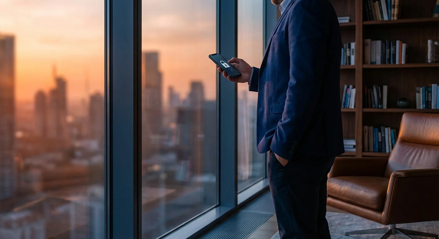 A person holding a phone while looking out at a city, representing mobile banking access.