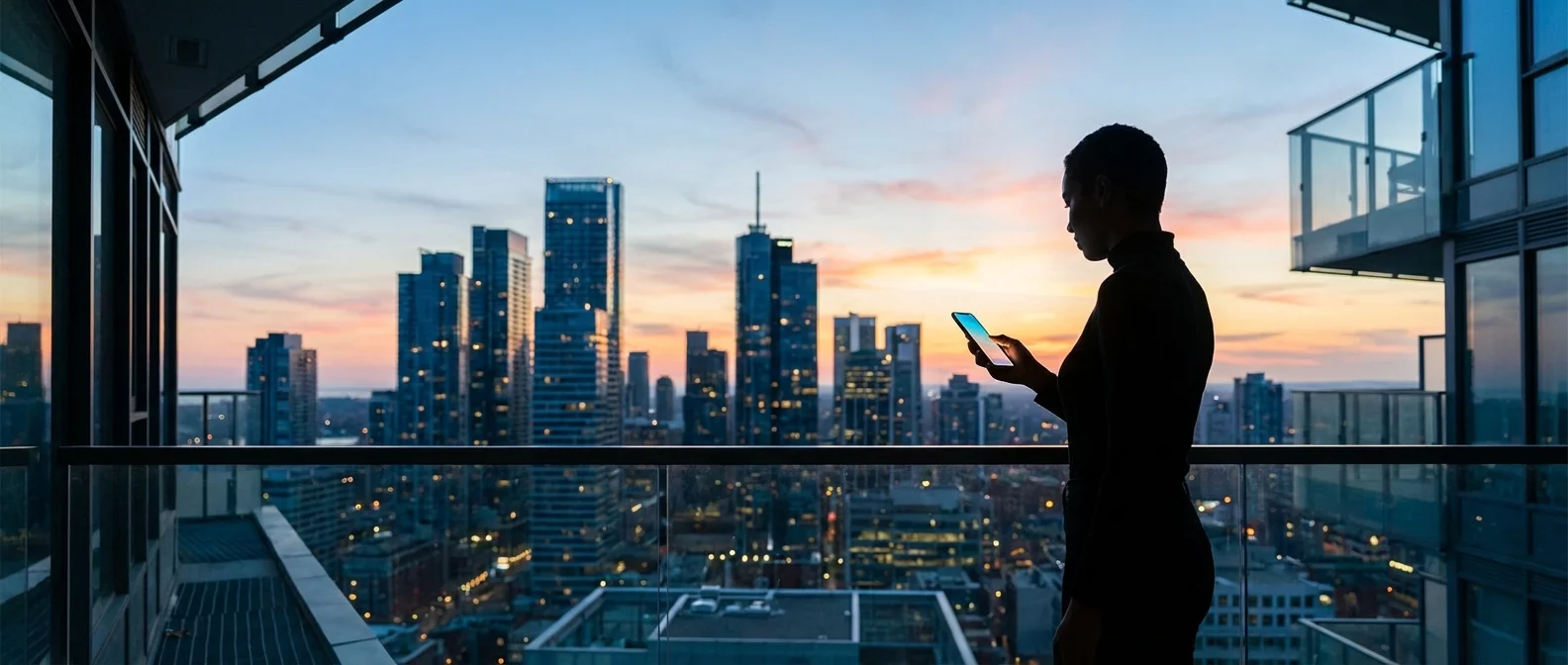 A person looking at a city skyline, symbolizing a focus on future growth and potential.