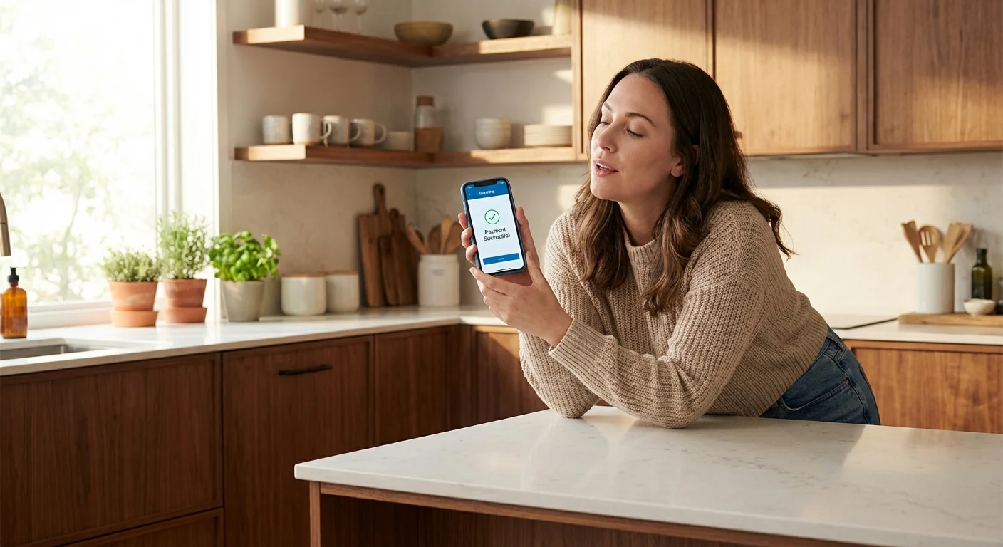 A person looking at a clean banking app on their phone in a sunlit kitchen.