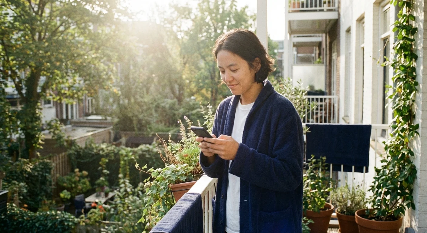 A person looking at their phone calmly on a sunlit balcony.