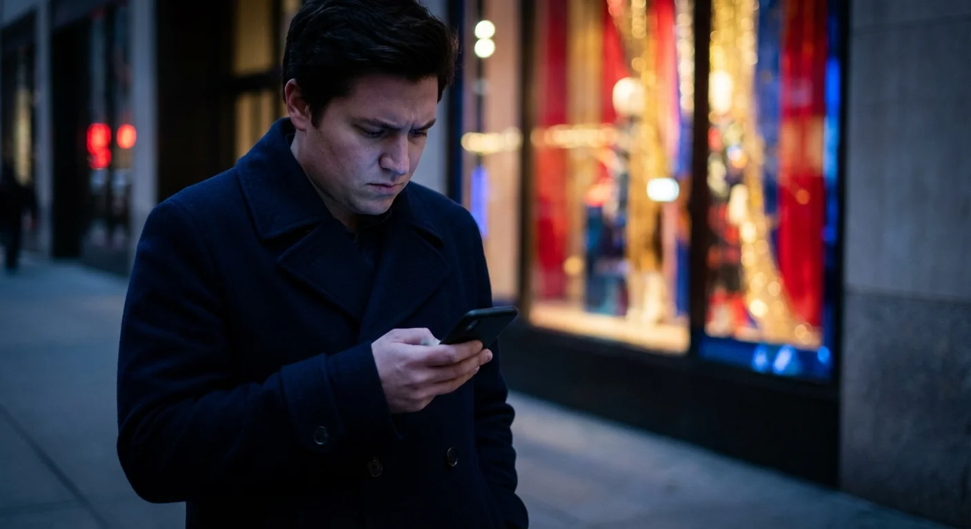 A person looking at their phone with focus, ignoring the distractions of a store window.