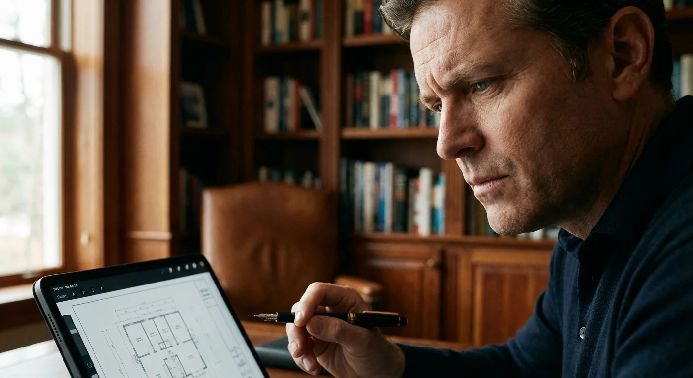 A person looking closely at a tablet screen with a focused, analytical expression.