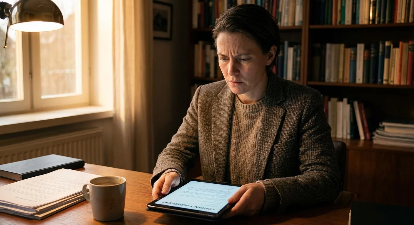 A person looking focused and slightly concerned while reading a digital tablet.