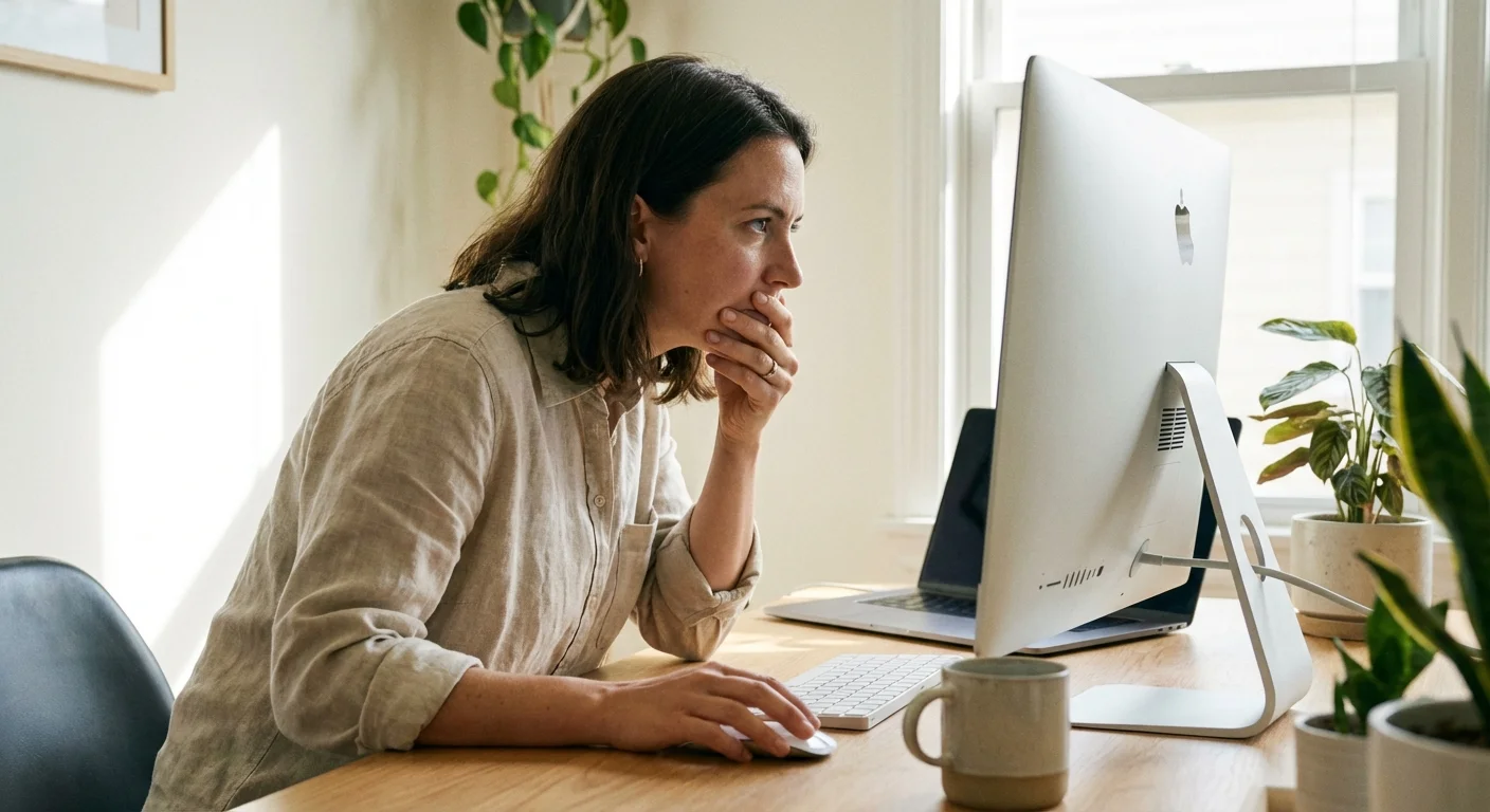 A person looking intently at a computer screen, displaying focus and attention to detail.