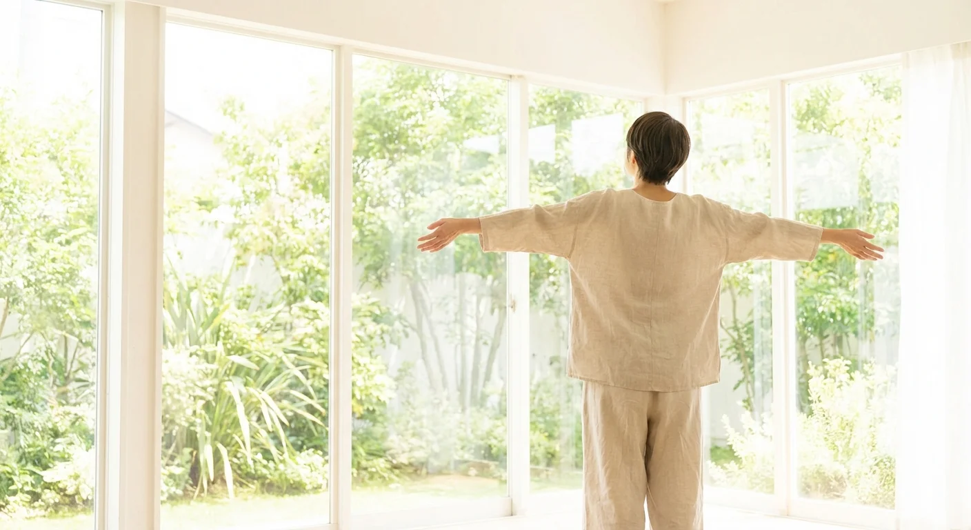 A person looking out a window at a garden with a relaxed posture.