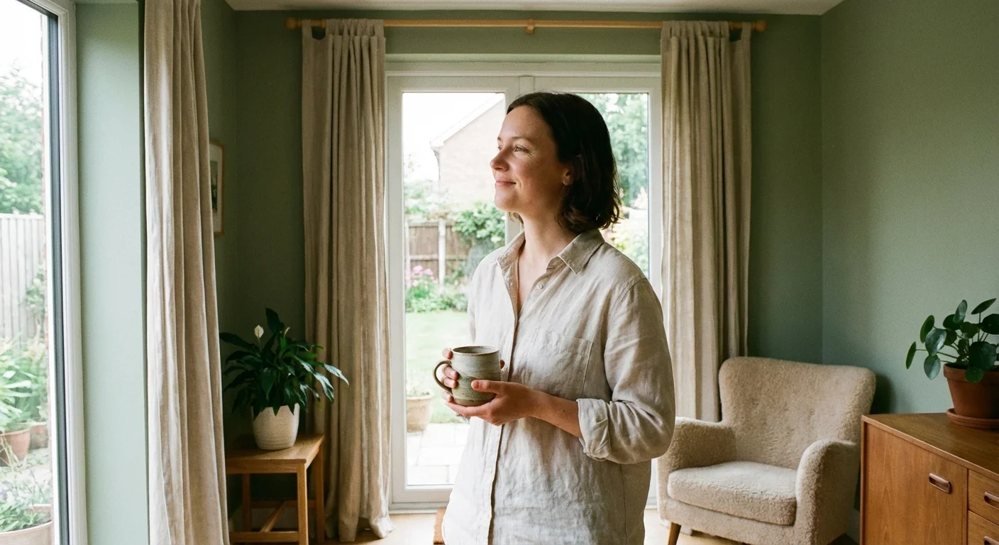 A person looking out a window feeling relieved and peaceful.
