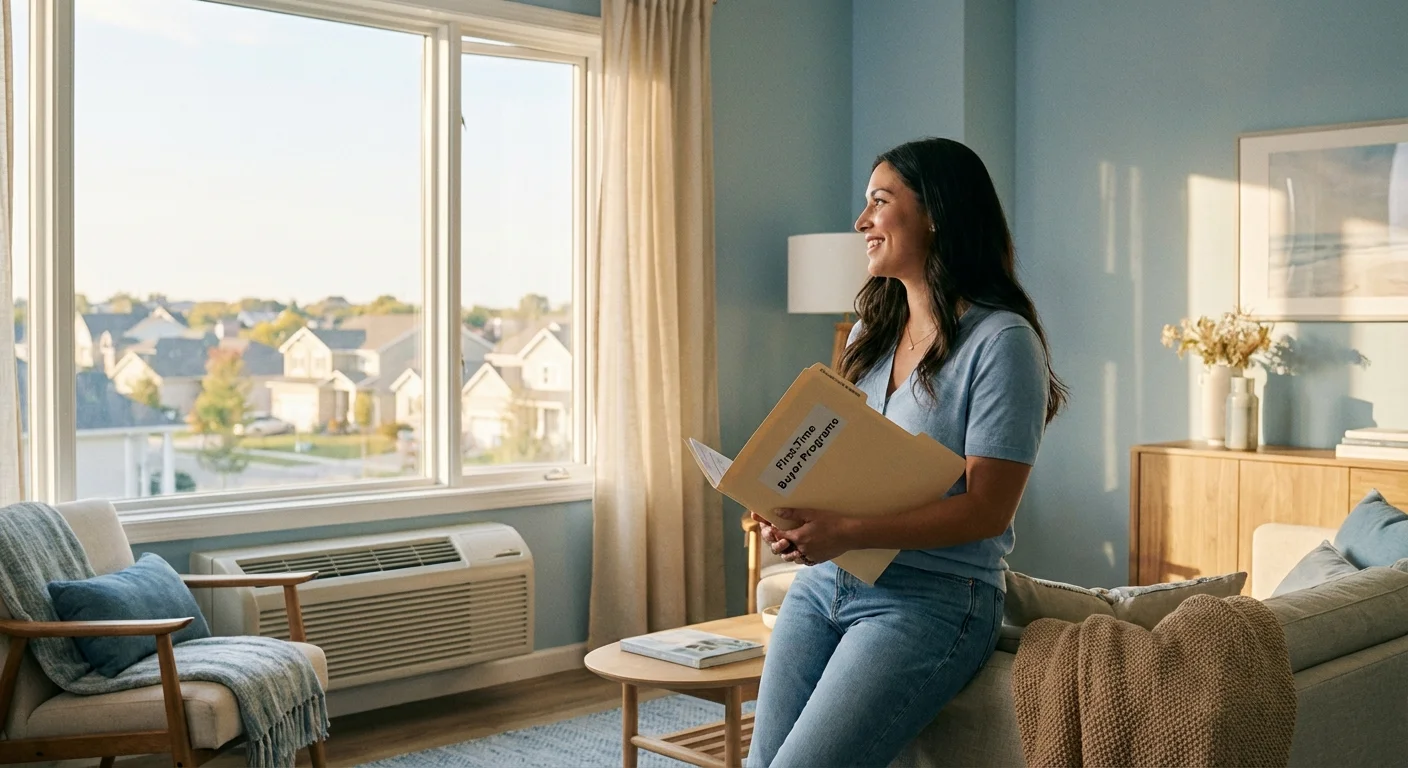 A person looking out a window while holding a folder about first-time homebuyer assistance programs.