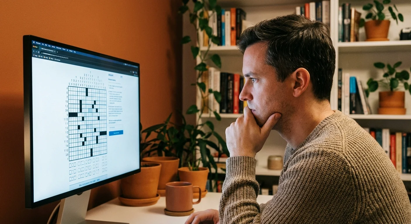 A person looking thoughtfully at a computer screen in a home office.