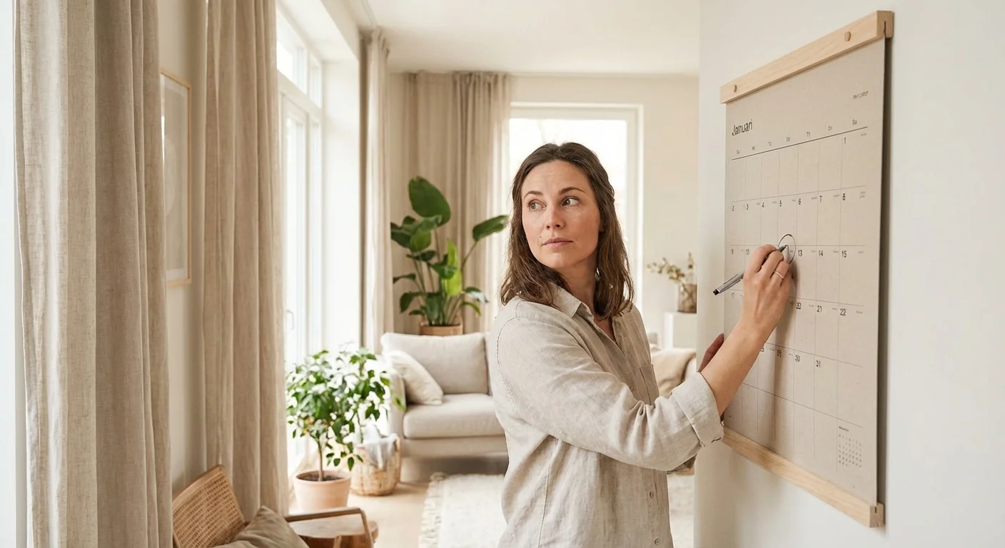 A person marking a date on a wall calendar in a sunlit room.