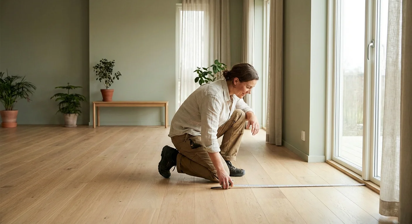 A person measuring a room with a tape measure in a bright, airy home.