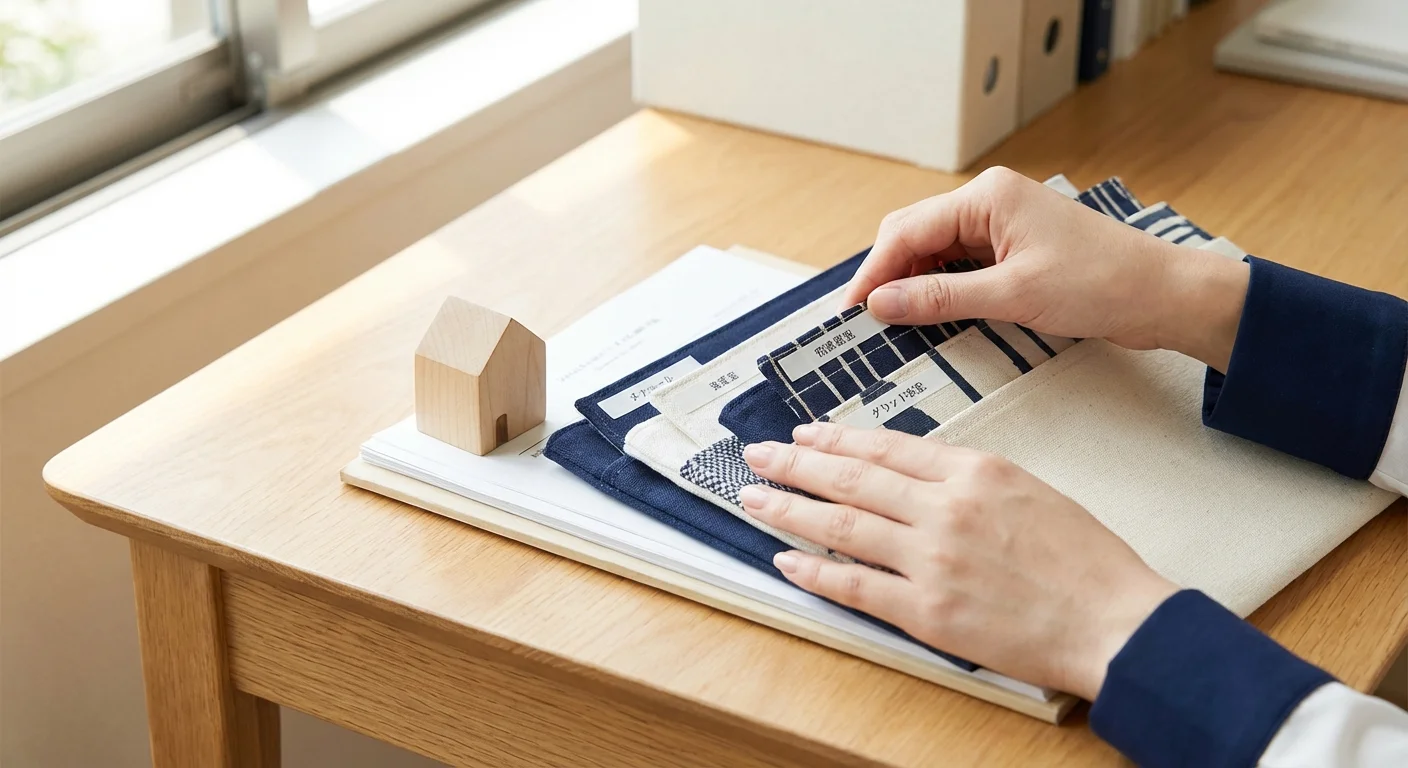 A person organizing home maintenance documents and a small wooden house model on a desk.