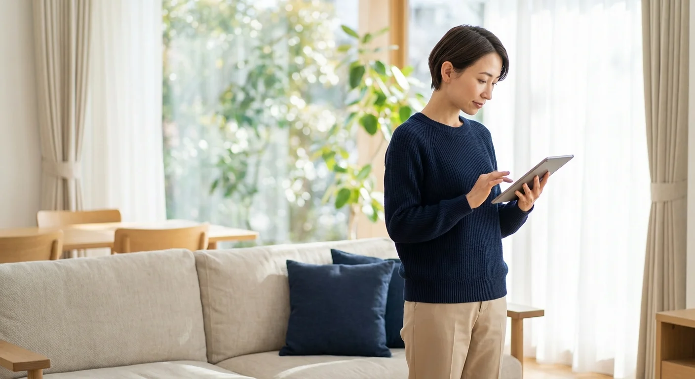 A person pausing thoughtfully while looking at a tablet.
