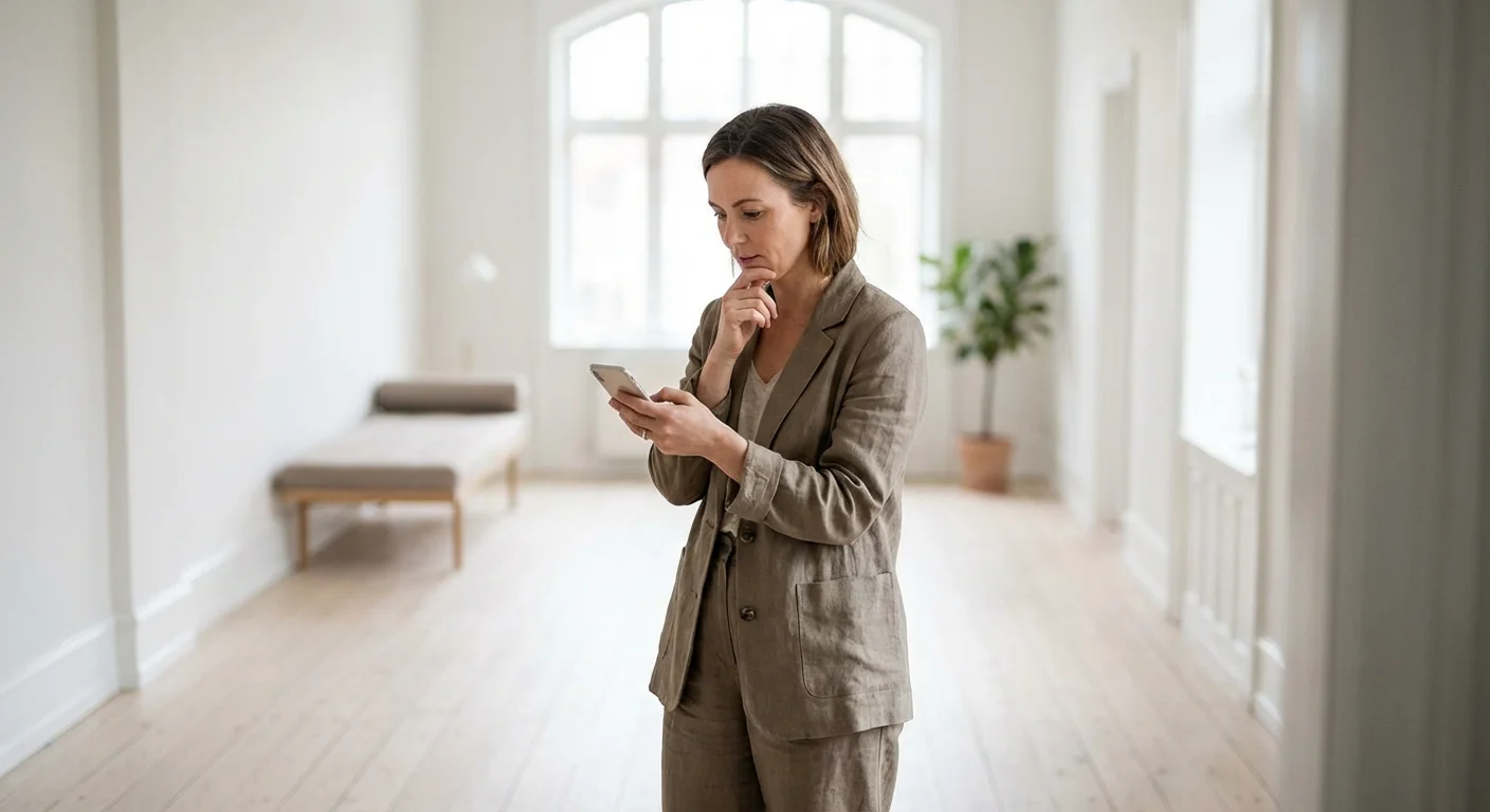 A person pausing thoughtfully while looking at their smartphone.