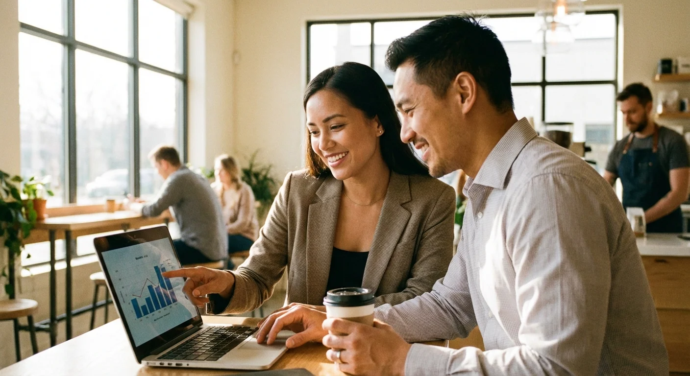 A person planning their schedule on a large wall calendar in a bright studio.