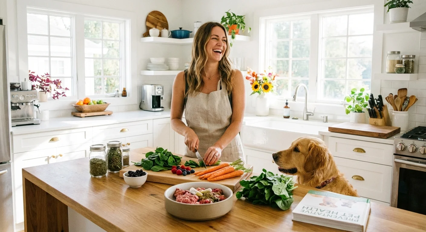 A person preparing healthy food for their pet in a bright kitchen.